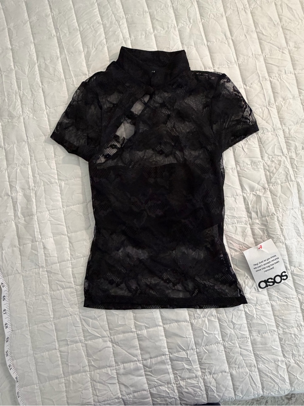 ASOS Black Sheer Lace Short Sleeve Mock Neck Top